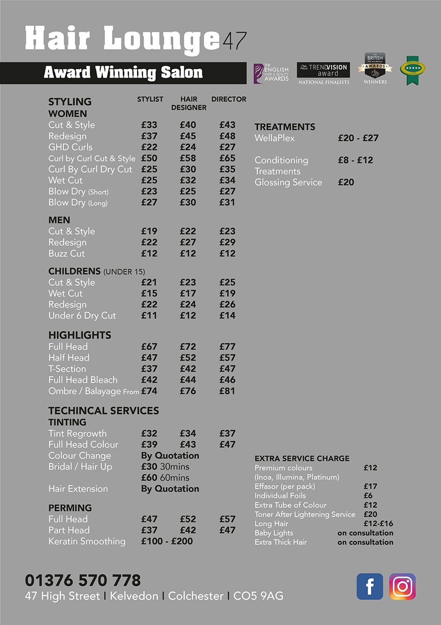 Kelvedon Colchester Salon Price List - Hair Lounge 47